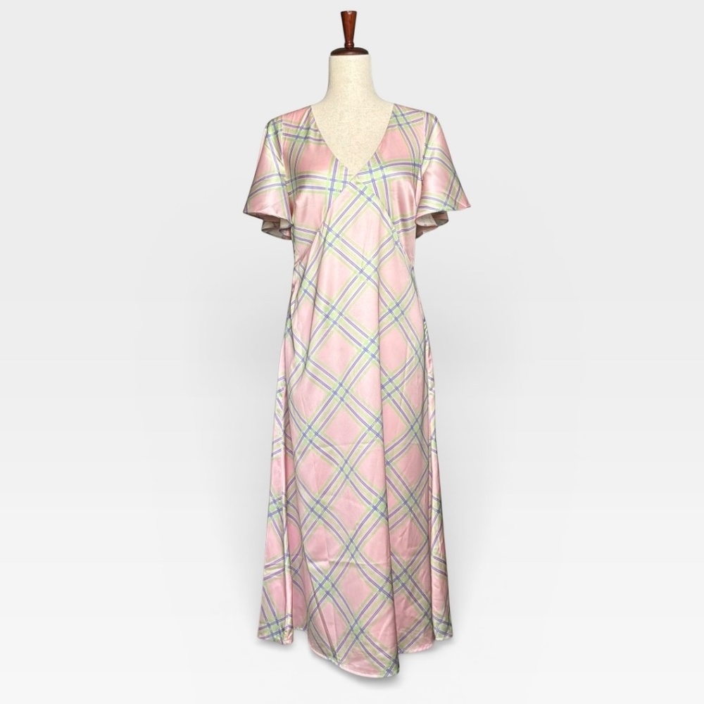 New Petal & Pup Dress Satin Pink Plaid Maxi Dress Size Medium - Picture 4 of 11
